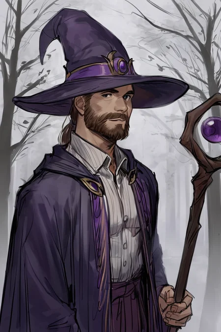 score_9, score_8_up, score_7_up, rating_safe, sketch, 1boy, solo, male focus, mature male, wizard, long hair, brown hair, black eyes, looking at viewer, hat, facial hair, beard, mustache, staff, wizard hat, purple hat, shirt, collared shirt, robe, purple robe, cloak, holding, holding staff, upper body, standing, outdoors, forest, nature, tree, fog, dark background <lora:Sketch Illustration Style [LoRA] - Pony V6 XL:0.7>