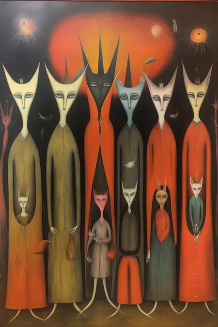 <lora:Leonora Carrington Style:1>Leonora Carrington Style - leonora carrington style painting of SIX friends with positive vibe