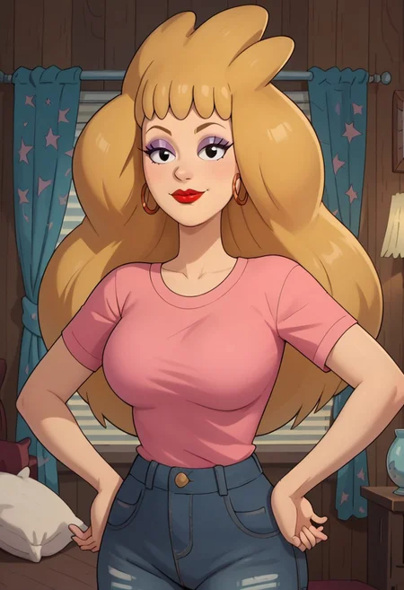 ((room background)),score_9, score_8_up, score_7_up,score_6_up,
1girl, solo, Tinona_C, light skin, black eyes, blonde hair, long hair, voluminous fluffy hair, golden hoop earrings, red lipstick, violet eyeshadow, pink T-shirt, jean shorts, cute, tall stature, social smile, perfect eyes, perfect smile, looking at the viewer, detailed eyes, perfect eyes, standing, big breasts (front pose, front view, bust shot) five fingers, perfect hands, hand up, hand on hip