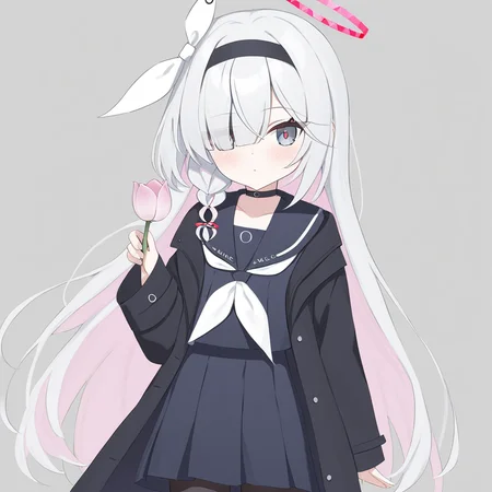 plana\(blue archive\),plana (blue archive),
1girl,solo,halo,chibi,grey eyes,red pupils,
masterpiece,best quality,cowboy shot,
black school uniform,pantyhose,serafuku,black skirt,neckerchief,flower,holding flower,holding,blush,long hair,tulip,long sleeves,pink flower,plaid,floating hair,shirt,facing viewer,hand up,pantyhose,<lora:plana_(blue_archive)-delta-lokr:1>,