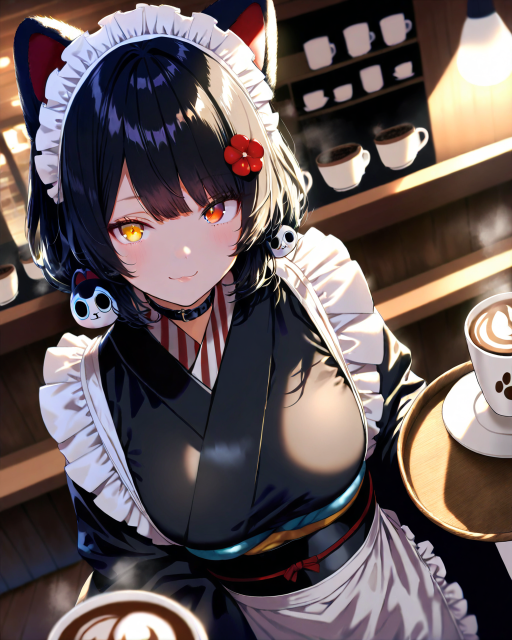InuiToko,
1girl, solo, dutch angle, from above, upper body,
long hair, black hair, 
maid headdress, animal ears,
yellow eyes, heterochromia, red eyes, 
low twintails,
dog hair ornament,
hair flower,
smile,
carrying,
holding tray, coffe,
black kimono, large breasts,
maid apron, long sleeves,
obi,
cafe,
<lora:kp_InuiTokoAnimagineXL_v1_0:1.0>,
masterpiece, best quality, absurdres, 
ultra-detailed, realistic, moody lighting,
detailed eyes, depth of field,