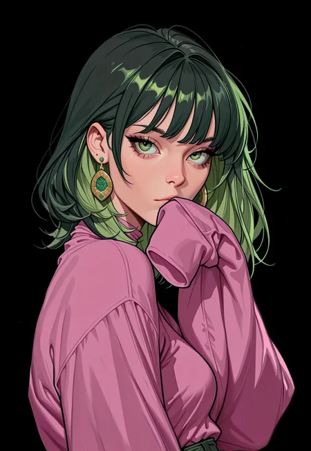 masterpiece, best quality, absurdres, very aesthetic, D3ND3N, 1girl, solo, green hair, black background, jewelry, earrings, sleeves past wrists, looking at viewer, green eyes, simple background, long sleeves, sleeves past fingers, bangs, medium hair, pink shirt, upper body