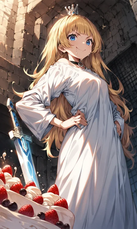 1girl,solo,smile,closed mouth,drooling,V shape eyebrow,
(looking at cake:1.2),(dessert:1.1),
standing,open stance, (hands on hip:1.1),
(excalibur:1.1),planted sword,
blonde hair,blunt bangs, blue eyes ,
<lora:sdxl-gomon-hime:0.95> ,sdxl-gomon-hime, silver mini crown,black collar,
white shirt ,off shoulder ,long sleeves, oversized shirt, (long shirt:1.1) ,wide sleeves,sweat,
Prison, iron grille,
don't worry EX, I will never give in to torture,
<lora:flat_sdxl:-0.8>,
cowboy shot,from below,
masterpiece,best quality,very aesthetic,ultra sharp,ultra details,intricate details,absurdres,