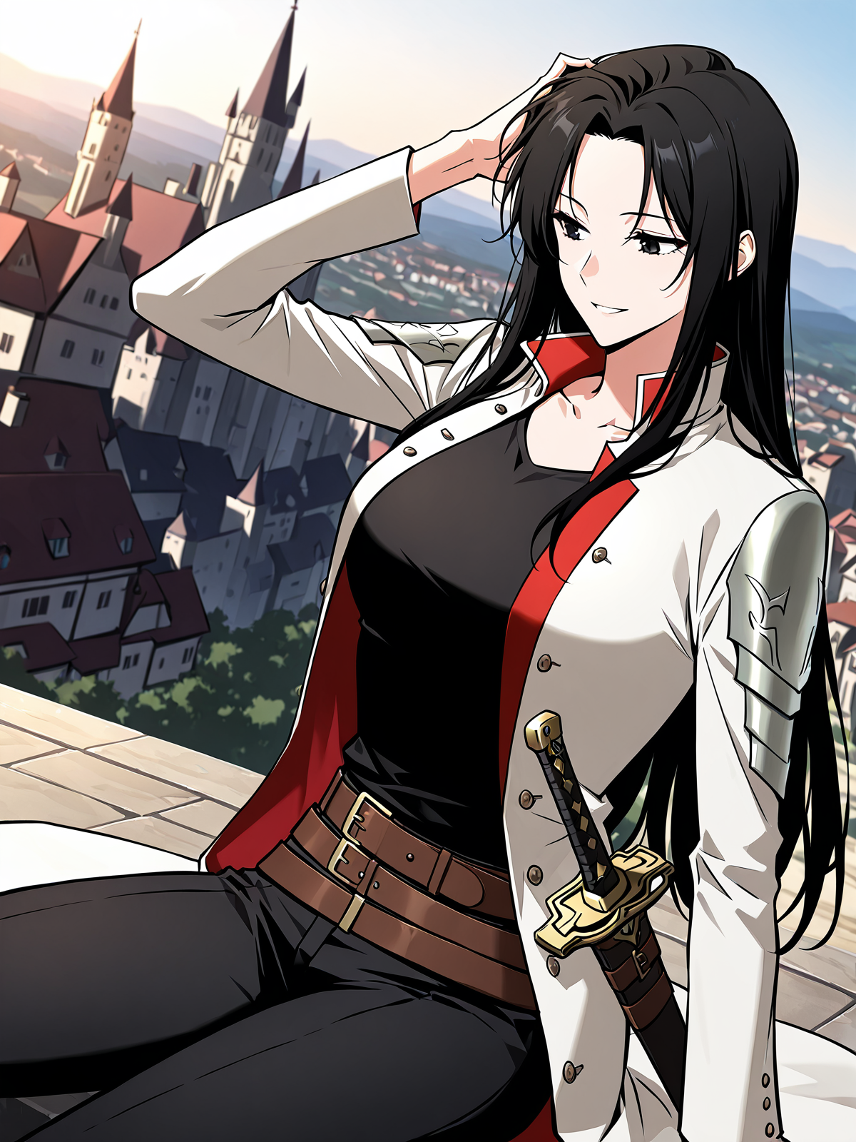 <lora:Omniscient_Readers_Viewpoint__Jung_Heewon:1>
1 girl, solo, black hair, long hair, black eyes, straight hair, loose hair, 
white coat, red inner lining, black shirt, black pants, brown belt, sword sheath, 
score_9, score_8_up, score_7_up, very aesthetic, source_anime, detailed, high quality, beautiful, masterpiece, detailed eyes, castle, village, blurry background, cityscape, pose dynamic angle, light smile, open mouth, hand on hair, sitting