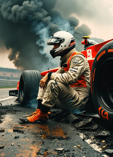 bottom view sad driver smokes, sitting on a ground, an formula one car crashed broken into the ground, asphalt, 8k, F2.8, RAW Photo, ultra detailed <lora:MJ52:0.7>  <lora:The_Dark_Side_of_the_Earth:0.8>