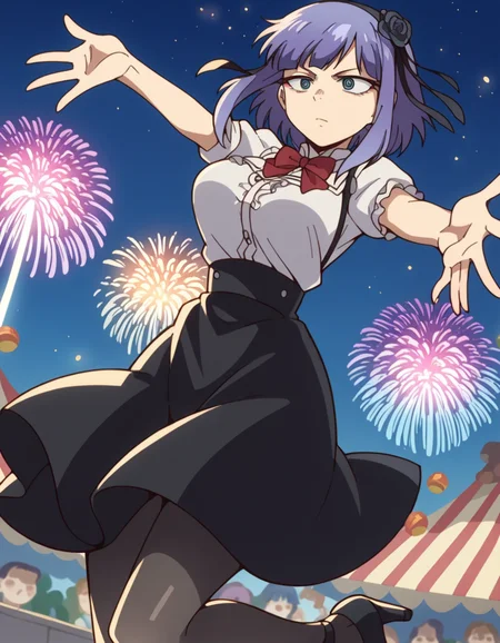 score_9, score_8_up, score_7_up, source_anime, <lora:hotaru-shidare-s2-ponyxl-lora-nochekaiser:1>, hotaru shidare, short hair, blue eyes, hair ornament, purple hair, flower, hairband, hair flower, ringed eyes, large breasts,, skirt, pantyhose, high heels, black pantyhose, high-waist skirt, shirt, frilled shirt, bowtie, red bowtie, puffy sleeves, short sleeves,, festival, fireworks, summer night, food stall, traditional, arms up,, , , hand reaching out, solo,, cowboy shot, dutch angle