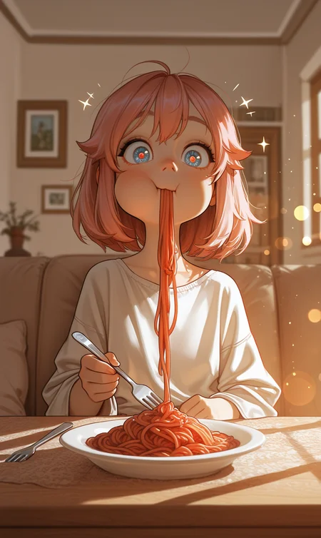 ((Best Quality)) (masterpiece) (details),
anime-style, Art8st, masterpiece, best quality, highly detailed, anime style, color theory, anime-art,
masterpiece, best quality, very aesthetic, absurdres, ambient light, soft light, incoth, (incase:0.6), SagawaStyle, Bright_illu,sparkle,too many light particles,
1girl, cute round face, cartoon style, loose pajama, white panties, at home, sitting in front of a table, holding o fork with spaghetti, chewing spaghetti, chewing noodle, deformed cheek, shocked, panic, large eyes, embarressed, upper body, blurry background, sunny day, bokeh, living room background,
high detail, sharp shading, centered composition, soft shadows