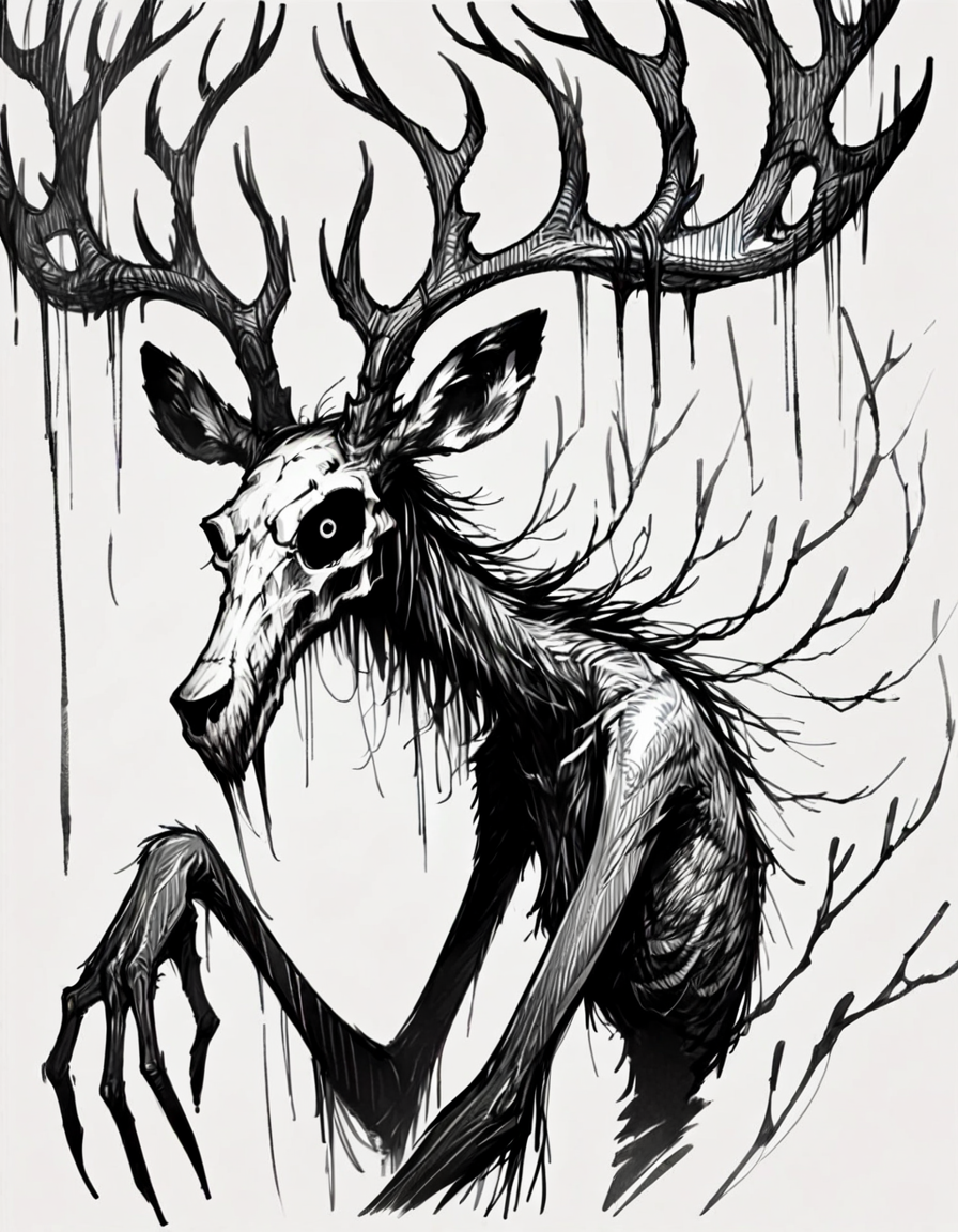 score_9, score_8_up, score_7_up,  <lora:Messy Sketch Style:1>, very tall, creepy, skinny, black fur, deer skull face, antlers, long fingers, looking at viewer, from the side, monochrome,