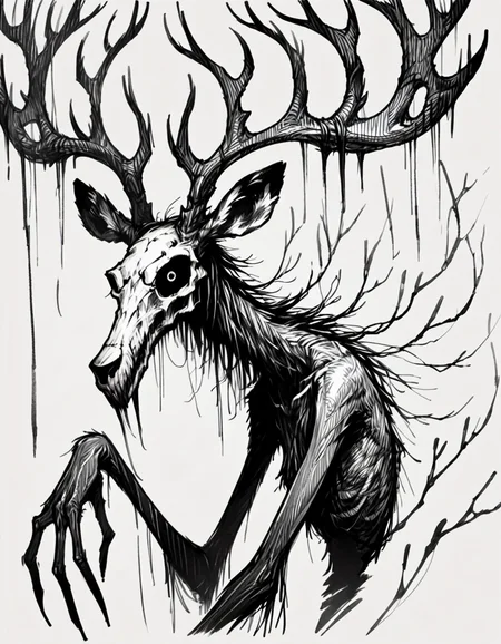 score_9, score_8_up, score_7_up,  <lora:Messy Sketch Style:1>, very tall, creepy, skinny, black fur, deer skull face, antlers, long fingers, looking at viewer, from the side, monochrome,