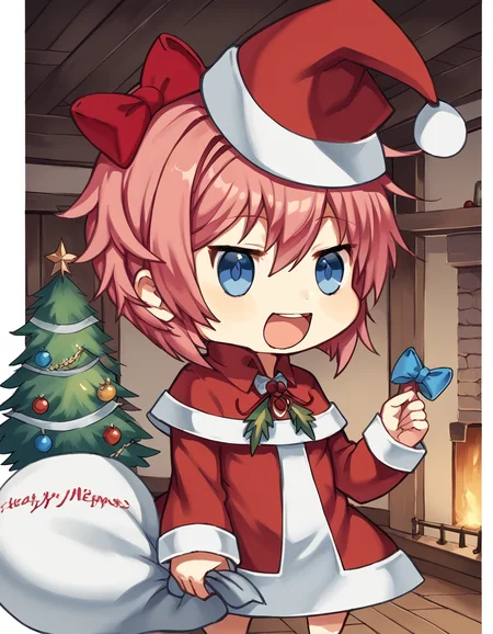 score_9, score_8_up, score_7_up, source_anime, <lora:ddlc-sayori-ingame-ponyxl-lora-nochekaiser:1>, sayori, blue eyes, hair between eyes, hair bow, hair ornament, pink hair, red bow, short hair,, <lora:padoru-ponyxl-lora-nochekaiser:1>, padoru, padoru (meme), holding sack, sack, santa hat, meme, christmas, open mouth, chibi, red capelet, santa dress, capelet, fur-trimmed headwear,, , dutch angle, cowboy shot