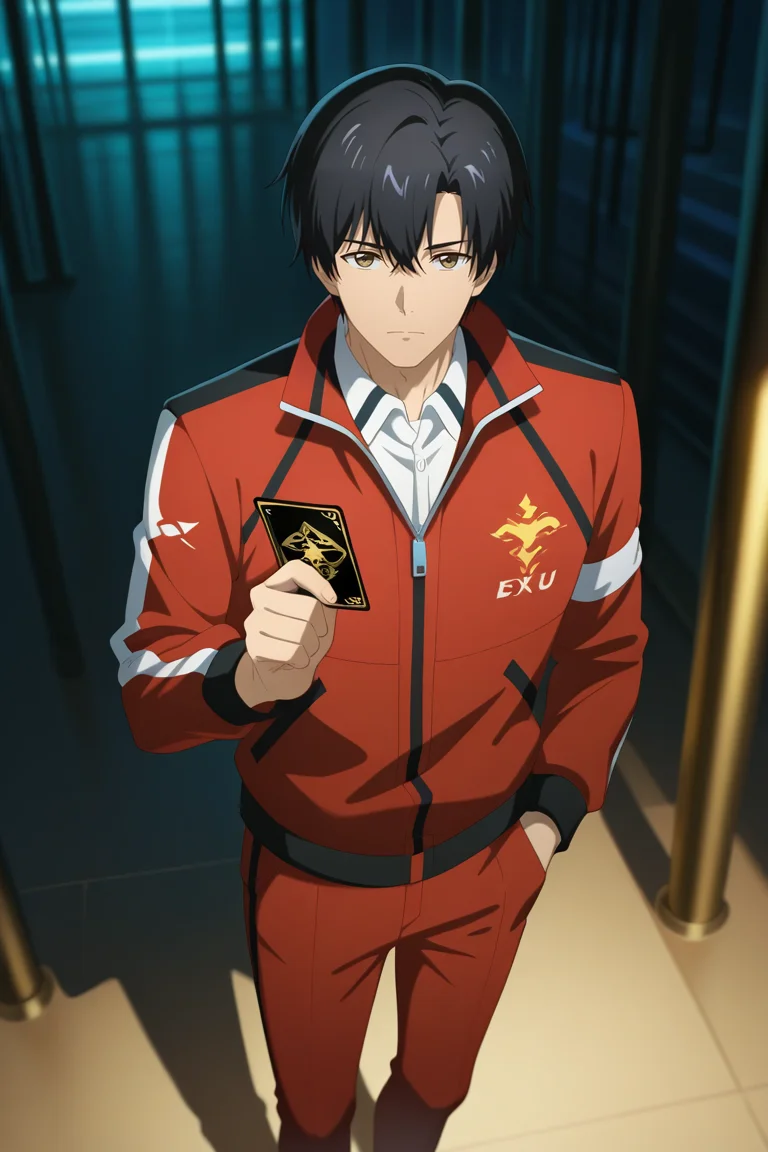 masterpiece, best quality, amazing quality, very aesthetic, high resolution, ultra-detailed, absurdres, newest, scenery, volumetric lighting, depth of field,anime screencap, , , 1boy, solo, male focus, <lora:yexiu:0.94>Ye Xiu, black hair,brown eyes, short hair,Looking at viewer, collared shirt,long sleeves, holding, standing, jacket, pants, red jacket, white zipper, hand in pocket, black card, zipper pull tab,collared red, red pants, holding card,from above,esport jacket