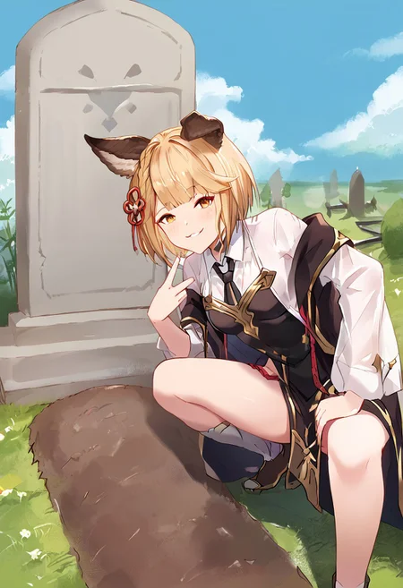 score_9, score_8_up, score_7_up, score_6_up,concept art, digital artwork, highly detailed, sharp focus, portrait,,blue sky, clouds oll,
Oll13gr4v3, grass, squatting, tombstone,smile, spread legs,
BREAK
1girl, vajra(granblue fantasy),dog ears , blush,
Mourning clothes, black tuxedo, white collared shirt,black tie,