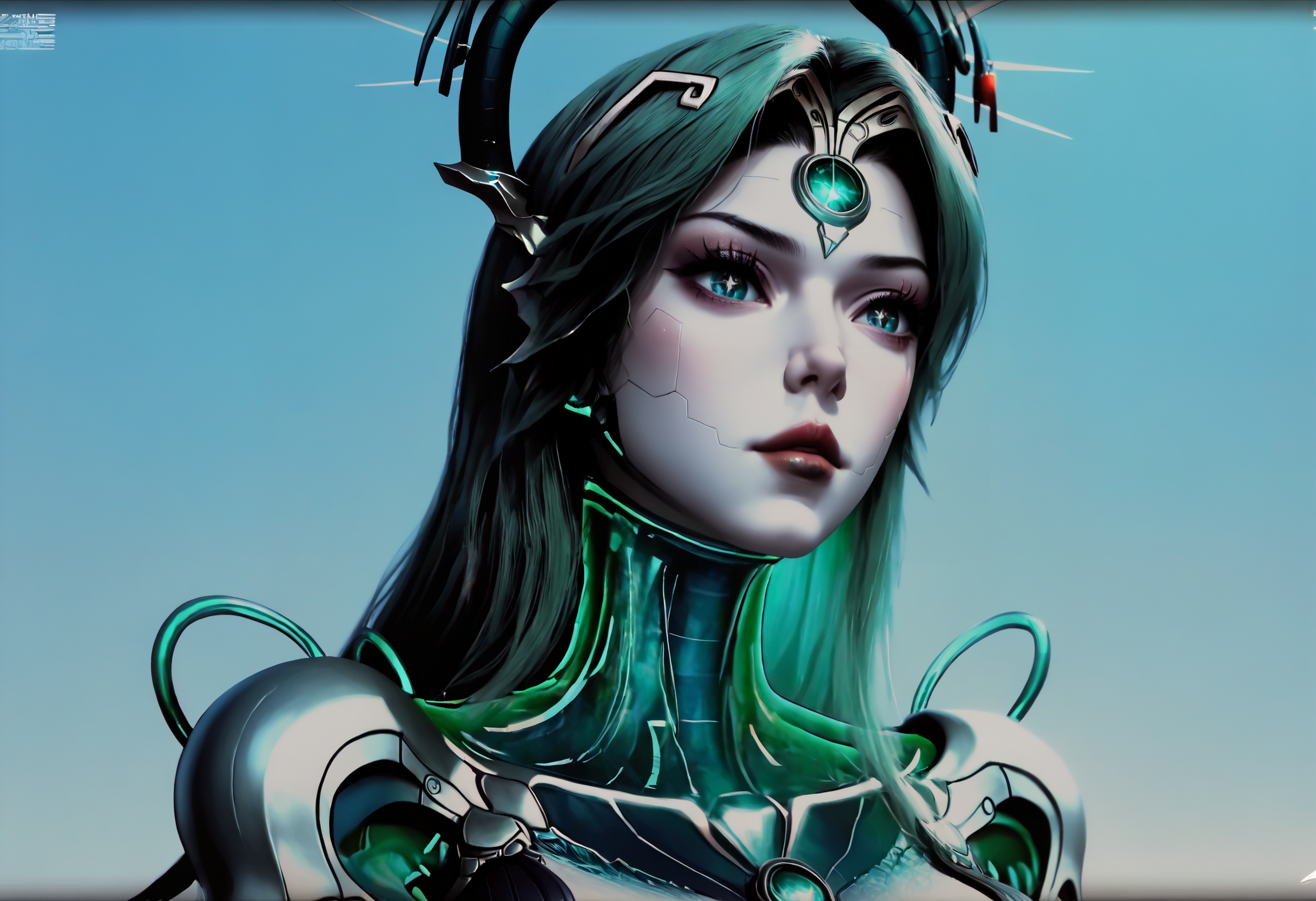 Masterpiece, best quality, amazing quality, very aesthetic, high resolution, ultra-detailed, absurdres, HDR, cinematic lighting, highres, newest, 
poyu, PoYu, snake woman, cyborg lamia, futuristic snake-themed character, biomechanical hybrid, snake tail lower body, green hair, 1girl, solo, long hair, portrait, black hair, cyborg, forehead jewel, looking to the side, black eyes, lips, metallic body parts, teal glowing eyes, forehead jewel, cyberpunk aesthetic, techno-organic design, snake horns, glowing teal highlights, holographic elements, snake_tail, cybernetic_face_hex_marks, hand_on_own_cheek,