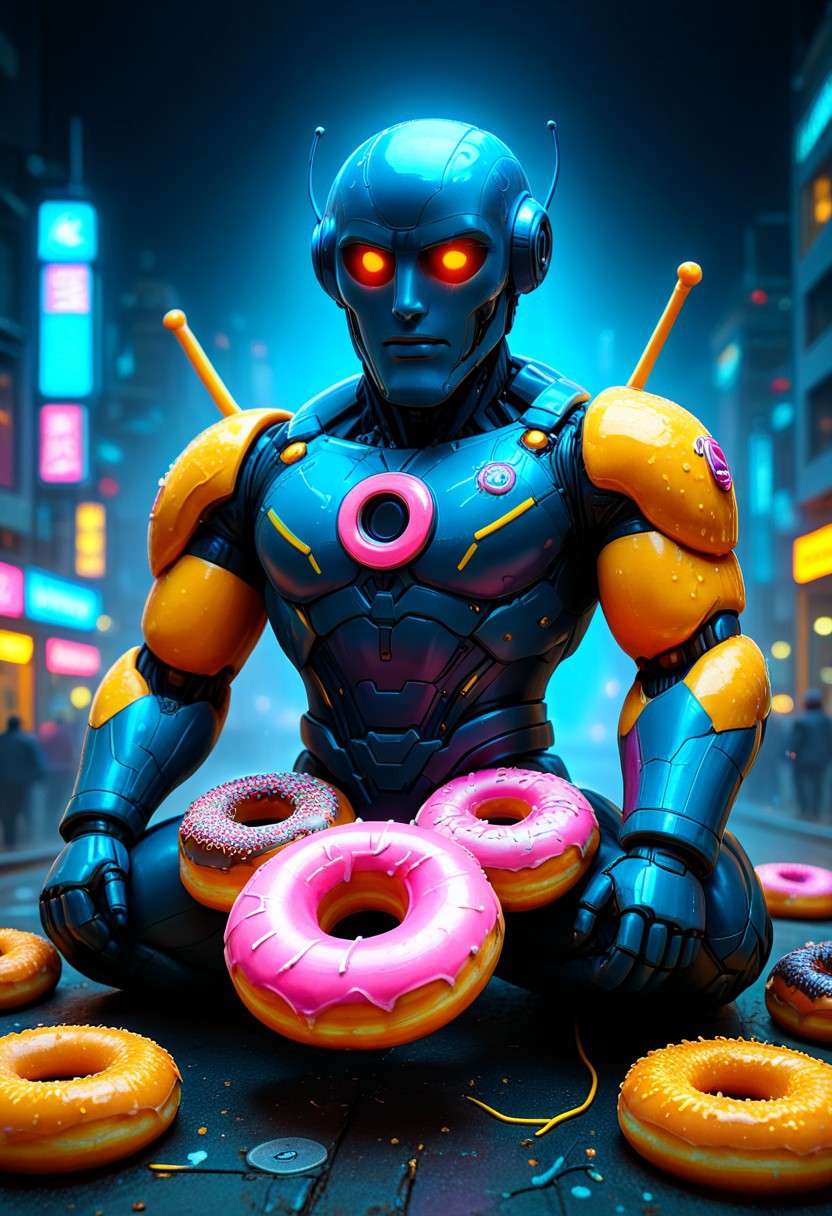 d0nu71f13d, An epic photo of a cyberpunk CivBot made of doughnuts, neon color, masterpiece, best quality, highly detailed, sharp focus, dynamic lighting, flux-style, mobe-cybideen