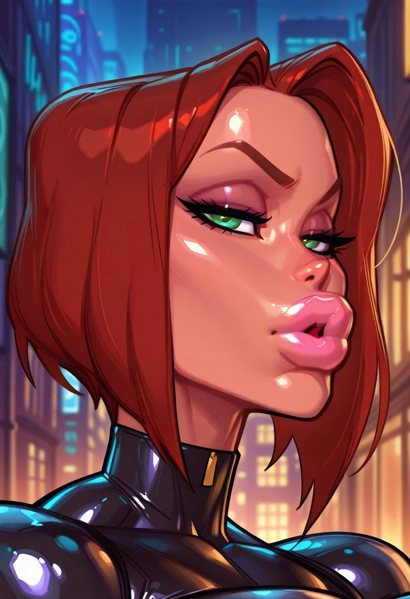 Score9, Cartoon style, sxyb1mb0, sxy5tyle, masterpiece, best quality, highres, absurdres, detailed, newest, western comics \(style\), ((Blackwidow)) realistic, 1girl,((portrait close up:1.3)) narrowed eyes, arched eyebrows, serious look, intense stare,, face focus
Sexy bimbo, bimbo, dynamic angle,
green eyes, straight hair, hair intakes, short hair, red hair, outdoors, city street, blurry background,
fake tits, Black bodysuit, latex
toned, tan