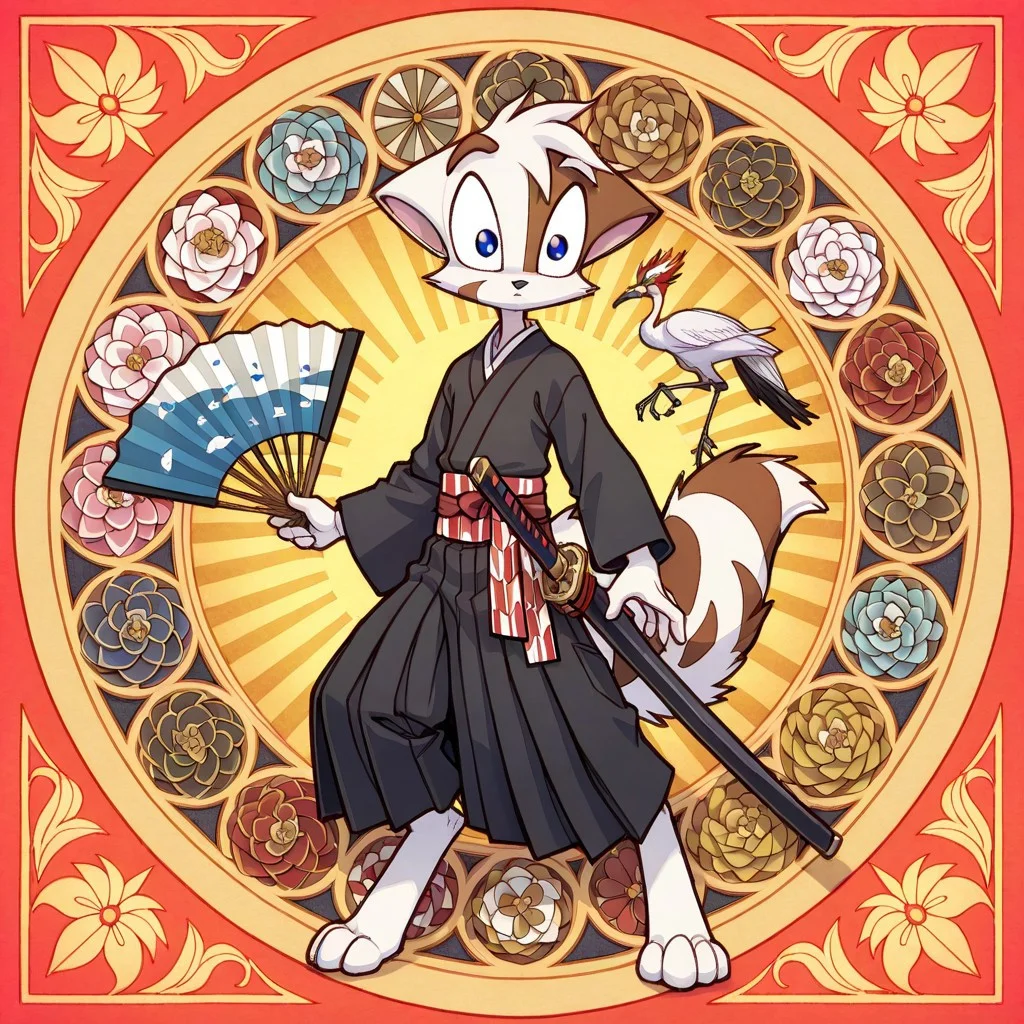 Mace, Dreamkeepers, anthropomorphic, feline-like, spiky hair, tail, muscles
solo, blue eyes, black nose, Digitigrade,
,<lora:Dreamkeepers_Mace_Illustrious:0.8>,
score_9, score_8_up,
1boy, source_furry, masterpiece, best quality, perfect eyes, amazing quality, male, masterpiece, best quality, highres, digital artwork, fantasy anime style, young woman, elaborate updo, golden hairpins, small ornaments, traditional Japanese kimono, black kimono, intricate floral patterns, geometric patterns, colorful patterns, long sleeves, puffed sleeves, wide decorative sash, katana, ornate sword hilt, tattoos, elaborate tattoos, gold and red tapestry, stylized dragon, mystical symbols, elegance, strength, traditional Japanese aesthetics, modern fantasy twist, kimono patterns, Japanese geometric patterns, seigaiha, asanoha, yagasuri, same komon, tatewaku, kikkô, shippo, kanoko, chrysanthemum, karakusa, sakura, tsubaki, pine, bamboo, plum, crane, turtle, phoenix, folding fan,