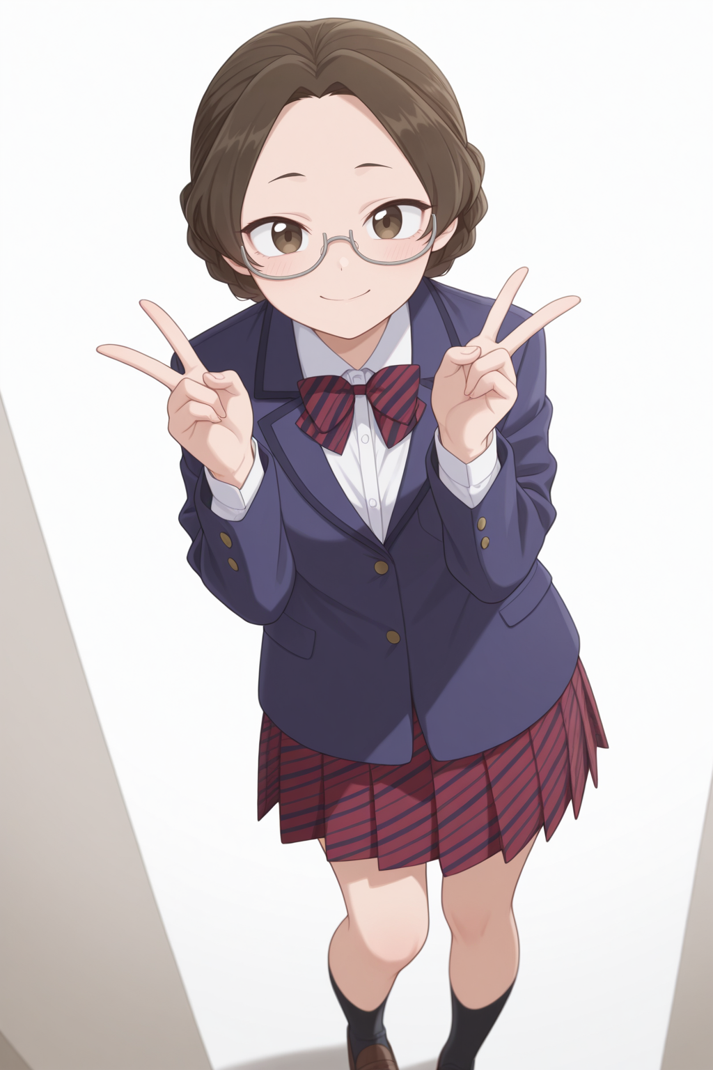 masterpiece, best quality, amazing quality, 1girl, k4t0um1kun1, short hair, brown hair, braid, brown eyes, semi-rimless eyewear, school uniform, striped bowtie, blue jacket, white shirt, red skirt, black socks, brown_shoes, aesthetic, white_background, looking_at_viewer, smile, standing, double v