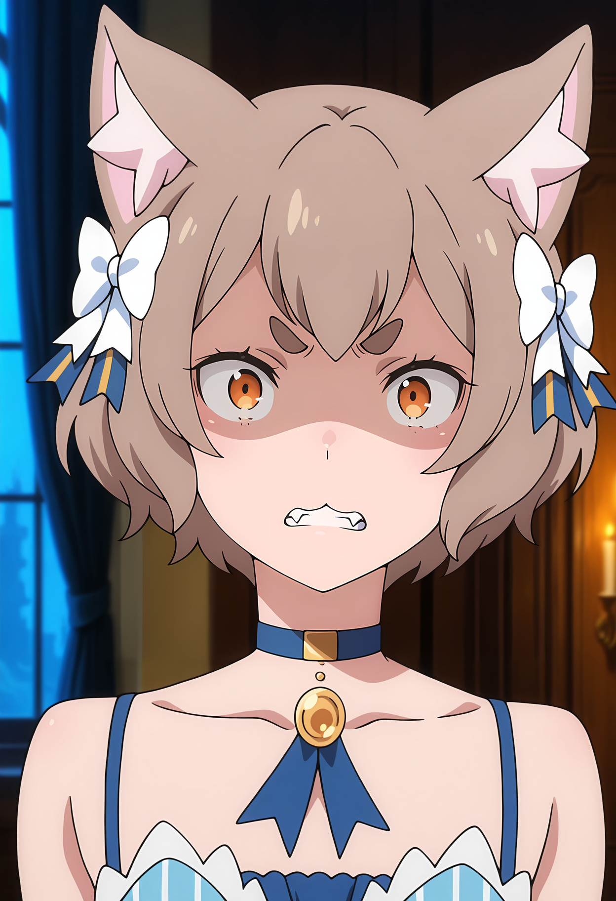 anime screencap, masterpiece, best quality,
<lora:ReZero_FelixArgyle_IlluXL:0.9>,
1boy, solo, angry, v-shaped eyebrows, open mouth, :3, clenched teeth, fangs, constricted pupils, shaded face,
short hair, brown hair, orange eyes, short eyebrows, cat ears, hair bow, white bow,
pendant choker, blue choker, bare shoulders, vertical-striped dress, blue dress,
looking at viewer, portrait, close-up,
indoors, curtain, window, night, dark, blue theme, medieval, photo background, blurry background