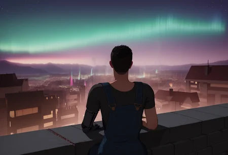 score_9,score_8,score_7,score_6,score_5, SH_Style, NIMO, portrait, rating_NSFW, rating_explicit, 1man, overalls, city, dystopian city, smoking, cybernetic arm, sitting, back to wall, rooftop, haze, night, aurora borealis, 1woman, dress, resting head on shoulder, cuddling, <lora:Sheeps_Styles_-_Nimona:1.0>