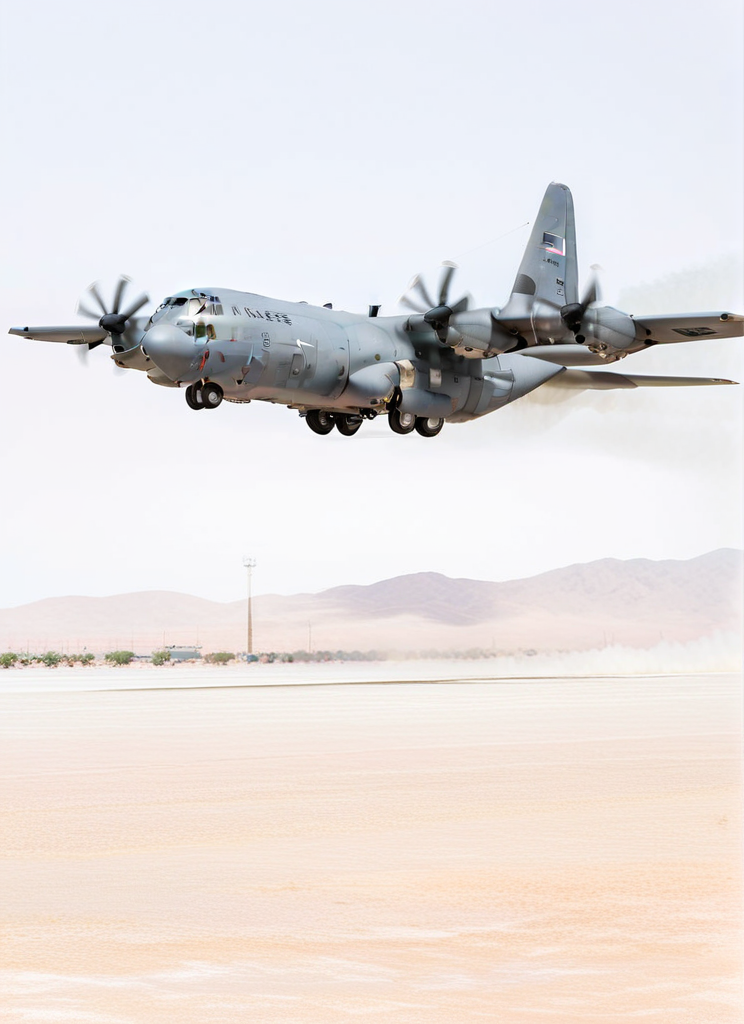 Picture of USAF AIR_C130 landing on desert airfield,  <lora:AIR_C130:1>