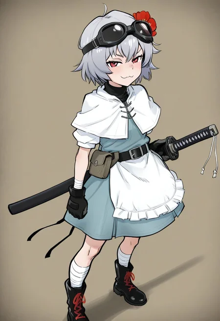 masterpiece, best quality, aesthetic, colorful, BREAK, 1girl, solo, (short, small body, grey hair, short hair, red eyes, black tanker goggles on head, flower in hair, poppy flower in hair, white capelet, white sleeves, short sleeves, katana sheath, white apron, light blue dress, white leg wraps, black gloves, black boots, red laces, black belt), standing, smug, :3. confident