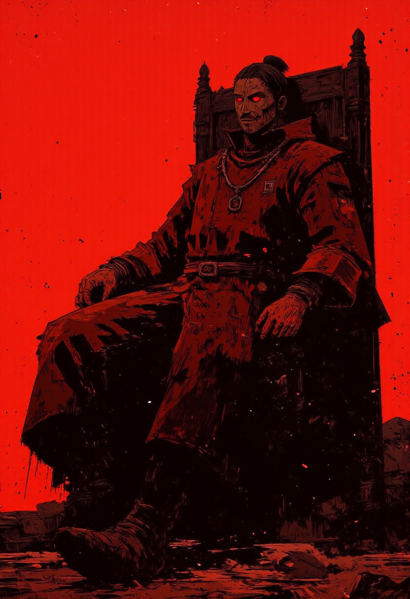 By Alex Vede, VibrantlyDark style. A full-body anime-style illustration of an adult man in the **Reclining Monarch** pose, dressed in a striking red-themed ensemble. He wears a long, flowing crimson robe, with a matching deep red cape and hood, paired with medieval black sandals. His outfit is adorned with gold ornaments, including a gold necklace he holds in one hand, and gold bangles on his wrists, enhancing his regal presence with a sense of opulence. He dons a glossy, shining, polished **Guy Fawkes mask**, intricately detailed with elaborate engravings, its surface catching dramatic highlights that accentuate its texture. His body is positioned at a 60-degree angle to the right of the viewer, leaning back in the throne-like pose with one leg extended, exuding an aura of relaxed dominance. The background is minimalist, entirely red, with no objects except for a deep black carpet on the floor that adds contrast, emphasizing the dramatic intensity of the scene.