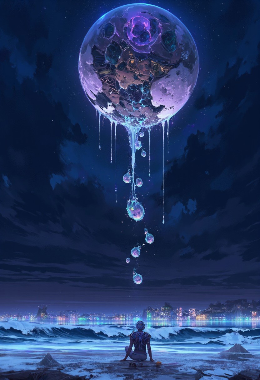 <lora:ScenicHorizonsFLUX:1> sc3n1ch0r1s0ns,
A surreal, never-before-seen fantasy scene unfolds under an oppressive sky dominated by a colossal, decaying clockwork moon—its fractured brass surface oozing luminescent violet sap that drips into the void below. Each drop transforms into a floating, embryonic creature with translucent skin, revealing swirling constellations inside their bodies.
In the foreground, a androgynous figure clad in living armor (grown from bioluminescent coral) kneels, their elongated fingers pressing into cracked earth that pulses with slow, rhythmic light—like a dying heartbeat. Their face is half-obscured by a mask of solidified shadow, while the exposed side shows skin peeling away into delicate silver threads that spiral upward, tethering to the broken moon.
The air hums with invisible energy, warping reality: patches of gravity-defying debris hover in jagged formations, some revealing glimpses of inverted cities through their reflective surfaces. The color palette merges deep-sea indigos with rusted metallics, punctuated by the unnatural glow of the sap-creatures and the figure’s coral armor. A sense of cosmic erosion permeates the scene—as if time itself is unspooling.
