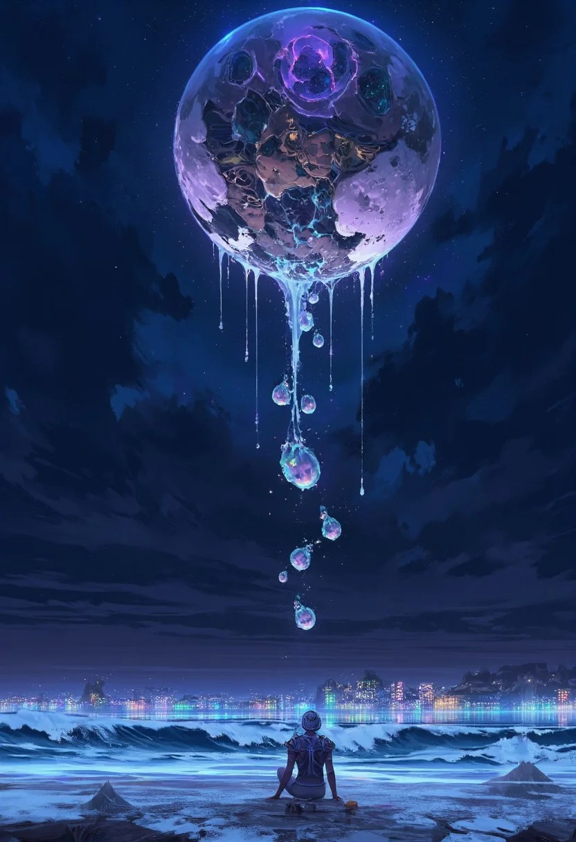 <lora:ScenicHorizonsFLUX:1> sc3n1ch0r1s0ns,
A surreal, never-before-seen fantasy scene unfolds under an oppressive sky dominated by a colossal, decaying clockwork moon—its fractured brass surface oozing luminescent violet sap that drips into the void below. Each drop transforms into a floating, embryonic creature with translucent skin, revealing swirling constellations inside their bodies.
In the foreground, a androgynous figure clad in living armor (grown from bioluminescent coral) kneels, their elongated fingers pressing into cracked earth that pulses with slow, rhythmic light—like a dying heartbeat. Their face is half-obscured by a mask of solidified shadow, while the exposed side shows skin peeling away into delicate silver threads that spiral upward, tethering to the broken moon.
The air hums with invisible energy, warping reality: patches of gravity-defying debris hover in jagged formations, some revealing glimpses of inverted cities through their reflective surfaces. The color palette merges deep-sea indigos with rusted metallics, punctuated by the unnatural glow of the sap-creatures and the figure’s coral armor. A sense of cosmic erosion permeates the scene—as if time itself is unspooling.