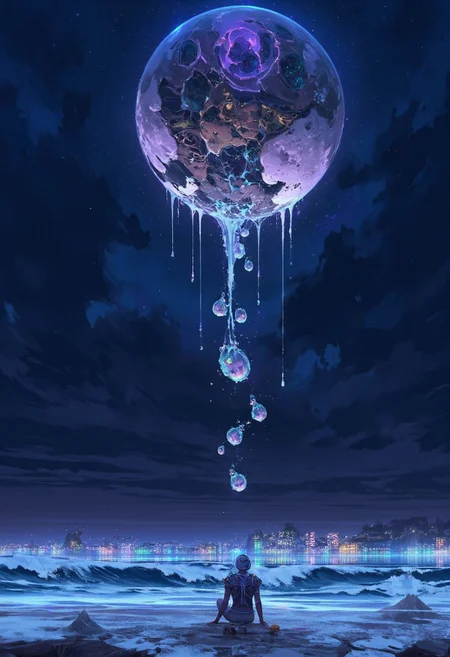 <lora:ScenicHorizonsFLUX:1> sc3n1ch0r1s0ns,
A surreal, never-before-seen fantasy scene unfolds under an oppressive sky dominated by a colossal, decaying clockwork moon—its fractured brass surface oozing luminescent violet sap that drips into the void below. Each drop transforms into a floating, embryonic creature with translucent skin, revealing swirling constellations inside their bodies.
In the foreground, a androgynous figure clad in living armor (grown from bioluminescent coral) kneels, their elongated fingers pressing into cracked earth that pulses with slow, rhythmic light—like a dying heartbeat. Their face is half-obscured by a mask of solidified shadow, while the exposed side shows skin peeling away into delicate silver threads that spiral upward, tethering to the broken moon.
The air hums with invisible energy, warping reality: patches of gravity-defying debris hover in jagged formations, some revealing glimpses of inverted cities through their reflective surfaces. The color palette merges deep-sea indigos with rusted metallics, punctuated by the unnatural glow of the sap-creatures and the figure’s coral armor. A sense of cosmic erosion permeates the scene—as if time itself is unspooling.