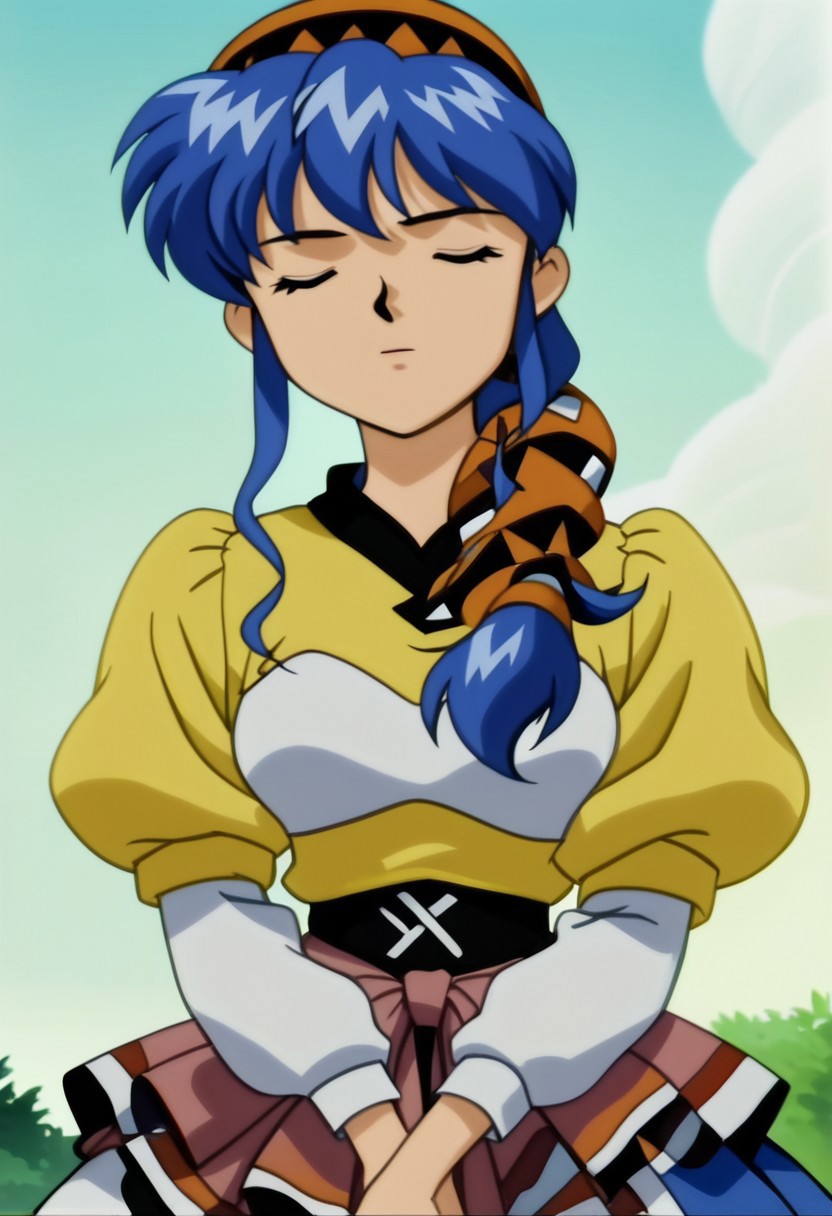 score_7, high_resolution, hyper_detail, finely_detailed,anime_screencap, traditional_media,detailed face,luna noa, 1girl, solo, blue hair, closed eyes, long hair, hairband, dress, sidelocks, retro artstyle, v arms, long sleeves, puffy sleeves