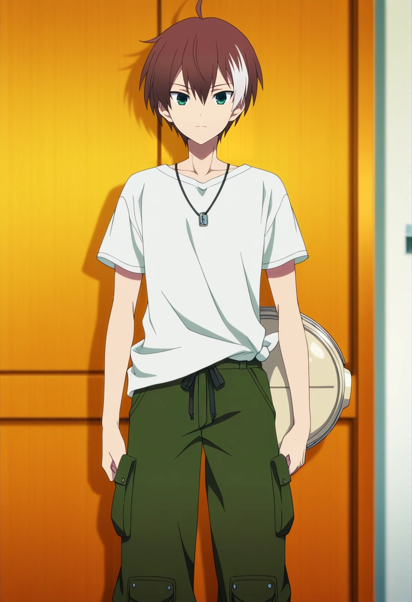 masterpiece, best quality, , anime screencap, anime coloring, official style, looking at viewer, 1boy, solo, male focus, <lora:akatsuki_iride_ilxl:0.94>, akatsuki_iride, brown hair, green eyes, short hair, ahoge, multicolored hair, two-tone hair, white hair, , , Cargo pants with zip-off legs, Linen shirt, , , Garment steamer