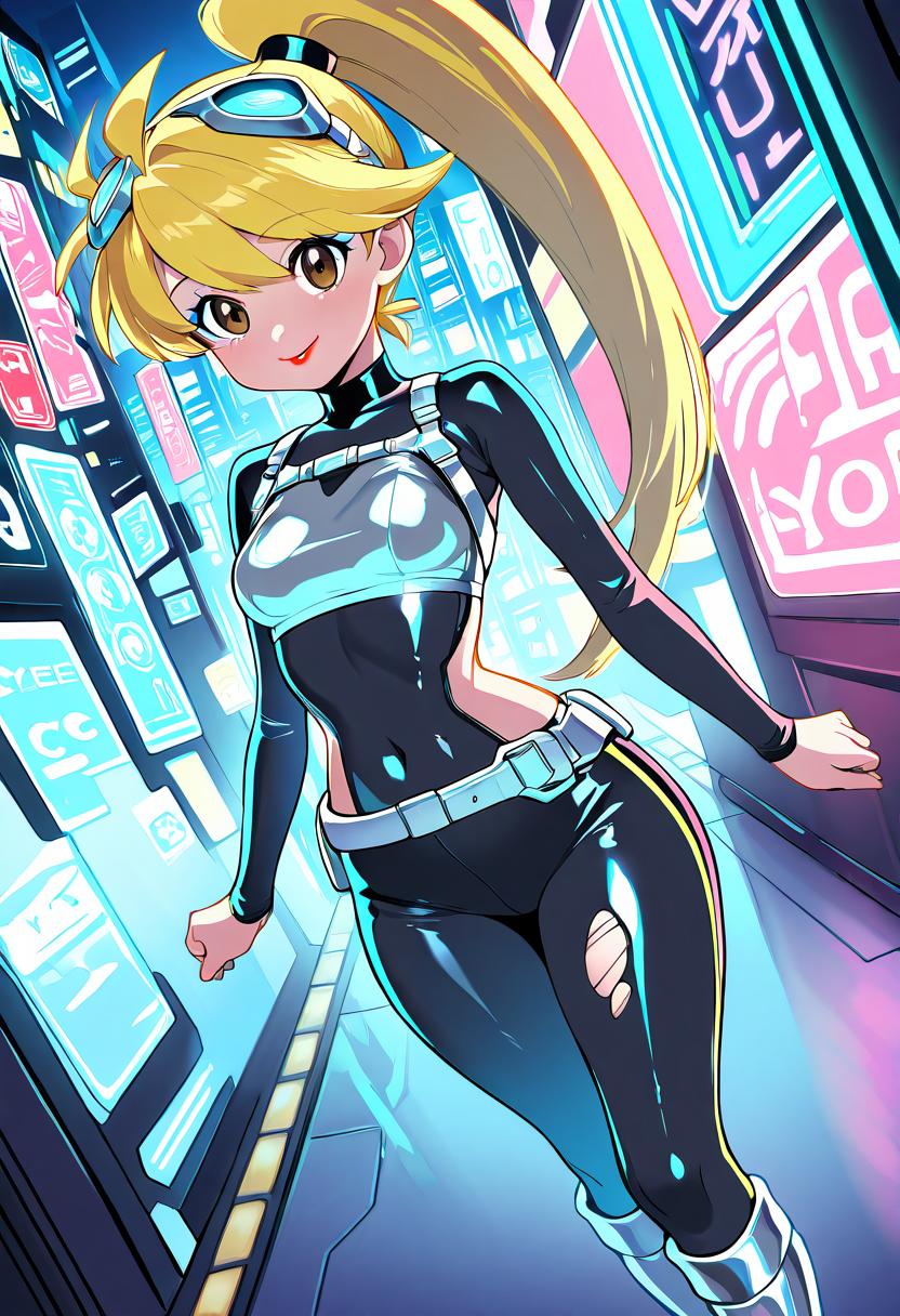 masterpiece, best quality, solo, curvy, beautiful eyes, narrow waist, wide hips, 1girl, solo, smile, looking at viewer, dynamic angle, foreshortening, close up,    zzYellow, brown eyes, blonde hair, long hair, ponytail, bangs,  , <lora:YellowPokemon_NAI:1.0>, [Cyber Emo], black holographic crop top with LED lights woven into the fabric, ripped silver metallic leggings, chunky platform boots with neon soles, cyberpunk-inspired harness belt with chains, neon blue eyeliner with sharp cat-eye design, bright red lip gloss, futuristic cyber goggles resting on her forehead, standing in a glowing neon-lit city street filled with digital billboards,