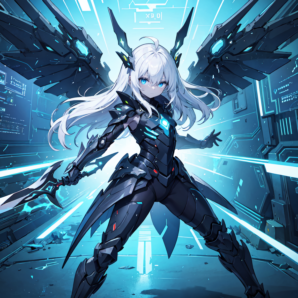 (masterpiece), 1girl, solo, blue eyes, white hair, ahoge, absurdly long hair), pale skin, expressionless, flat chest, hair between eyes, half-closed eyes, futuristic, glow, heavy armored, science fiction, technology, black coat, fighting stance, black boots, blue portal, energy blast, elbow gloves, mechanical wings, ground shatter, sword
