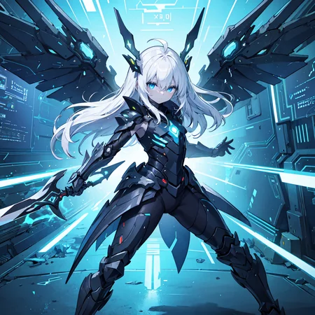 (masterpiece), 1girl, solo, blue eyes, white hair, ahoge, absurdly long hair), pale skin, expressionless, flat chest, hair between eyes, half-closed eyes, futuristic, glow, heavy armored, science fiction, technology, black coat, fighting stance, black boots, blue portal, energy blast, elbow gloves, mechanical wings, ground shatter, sword