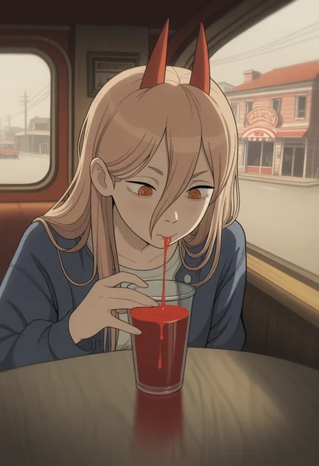 W411, masterpiece, best quality, solo, power \(chainsaw man\), red horns, drinking blood smoothie, straw, street, seated in diner, warm colors, window,
