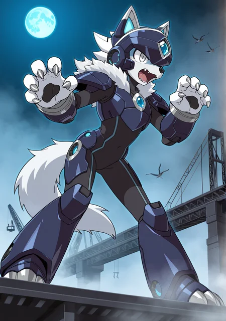 masterpiece,best quality,amazing quality, XOVER, robot armor, black bodysuit, helmet, wrist armor, shoulder armor, chest armor, waist armor, blue gem, glowing gem, leg armor, robot ears, white gloves, solo, furry male, tail, wolf, snout, fangs, dark blue armor, silver eyes, paws gloves, claws, open mouth, leaning forward, action pose, threatening, legs apart, claw pose, >:3, outdoors, command base, metal bridge, crane, futuristic, android, robot, fog, haze, night, blue moon
