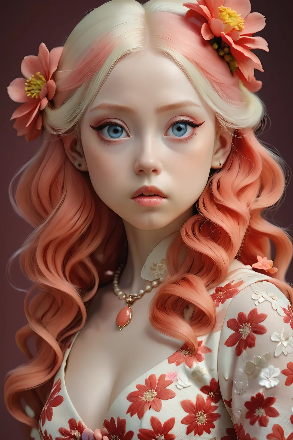 Masterpiece, best quality, 1girl,
<lora:kwFemaleBeta92_SDXL_v1:1>,
a commercial photo portrait of instagram model, the Ethereal Portraits, fashionable 2020's Japanese girl, detailed skin texture, hyper real photo, Albinism and Heterochromia by Bella Kotak, girly portrait in studio shoots, Albina Albina, Feminine portrait, bust-up shot, intricate fantasy dress, taken by professional studio lighting, 150mm lens, PhaseOne, digital backs, medium format, , 150mm portrait, photography, photo taken with a Hasselblad H4D, taken with PhaseOne IQ180, IQ160, IQ140, P65+, P45+, digital back, extremely detailed, Leaf Aptus, perfect skin, detailed skin, hyper reality, perfect face, (coral red:1.6) hair, (coral red:1.6) background, dress head completely covered with (coral red:1.6) flowers, (coral red:1.6) color filter