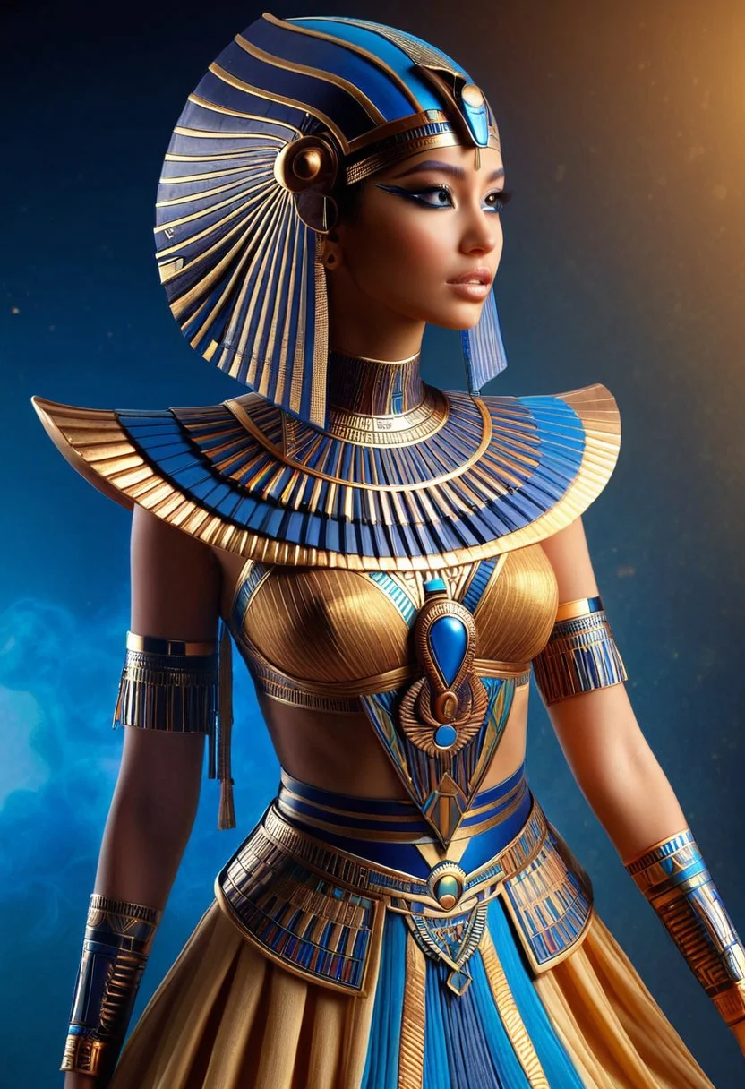 A hyper-realistic depiction of a lone female, focusing on her upper body, adorned in intricately designed fantasy clothes that blend futuristic elements with ancient Egyptian cultural motifs, set against a subtle, gradient background that shifts from deep blues to golden hues, with soft, cinematic lighting accentuating the textures and details of her attire and skin, in the style of digital painting with an emphasis on ultra-detailed rendering, capturing the essence of modernity infused with the mystique of Egypt's rich heritage.