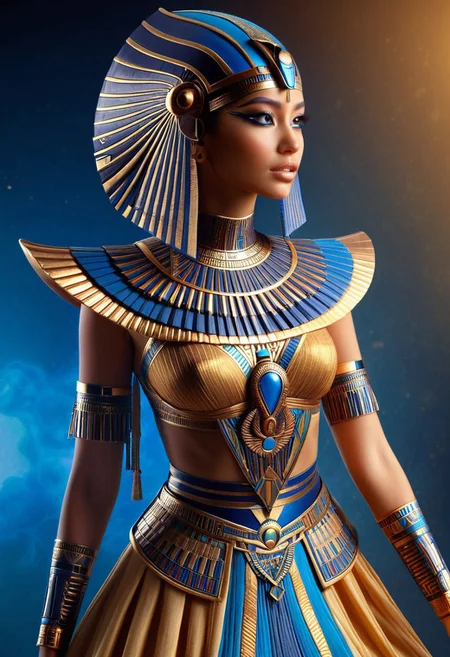 A hyper-realistic depiction of a lone female, focusing on her upper body, adorned in intricately designed fantasy clothes that blend futuristic elements with ancient Egyptian cultural motifs, set against a subtle, gradient background that shifts from deep blues to golden hues, with soft, cinematic lighting accentuating the textures and details of her attire and skin, in the style of digital painting with an emphasis on ultra-detailed rendering, capturing the essence of modernity infused with the mystique of Egypt's rich heritage.