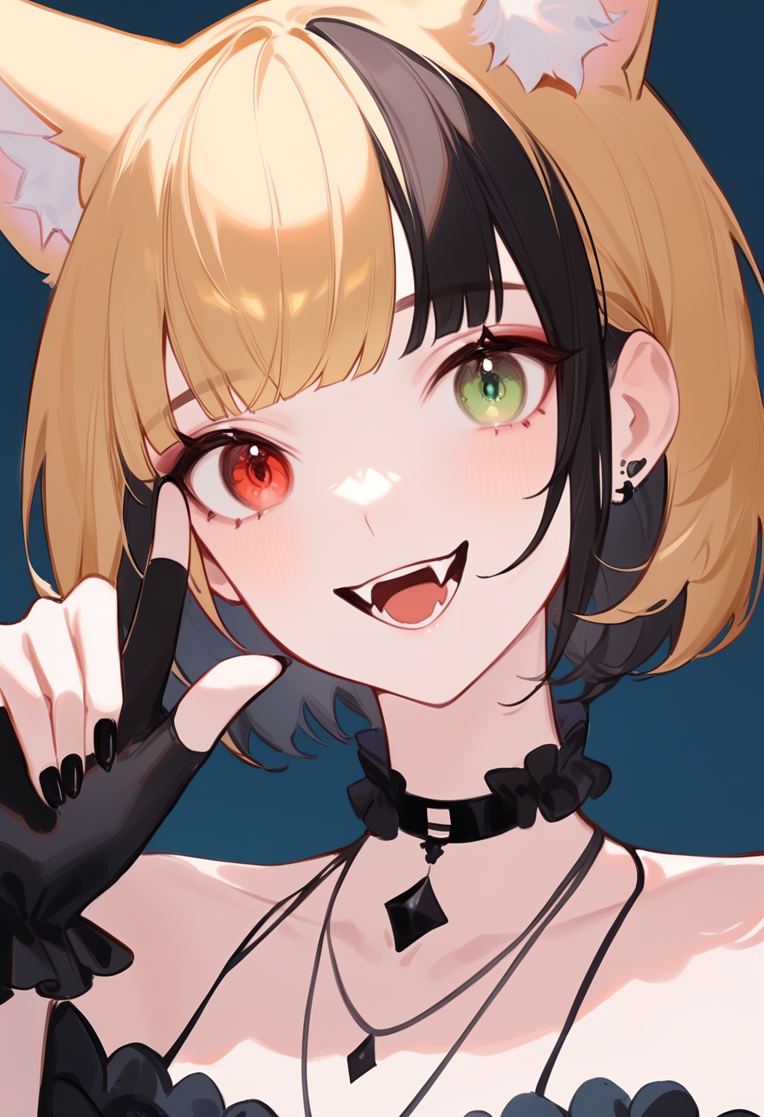 1girl, 
ciloranko, maccha \(mochancc\), lobelia \(saclia\), migolu, ask \(askzy\), wanke, (jiu ye sang:1.1), (rumoon:0.9), (mizumi zumi:1.1), 
close-up, fox girl, head tilt, gloves, short hair, collarbone, cat ears, animal ear fluff, finger gun to head, solo, cat girl, blunt bangs, smile, animal ears, frills, finger gun, green eyes, partially fingerless gloves, :d, portrait, blonde hair, frilled gloves, choker, fangs, open mouth, black choker, parted bangs, looking at viewer, black nails, red eyes, hair behind ear, black gloves, 
masterpiece, newest, absurdres, sensitive