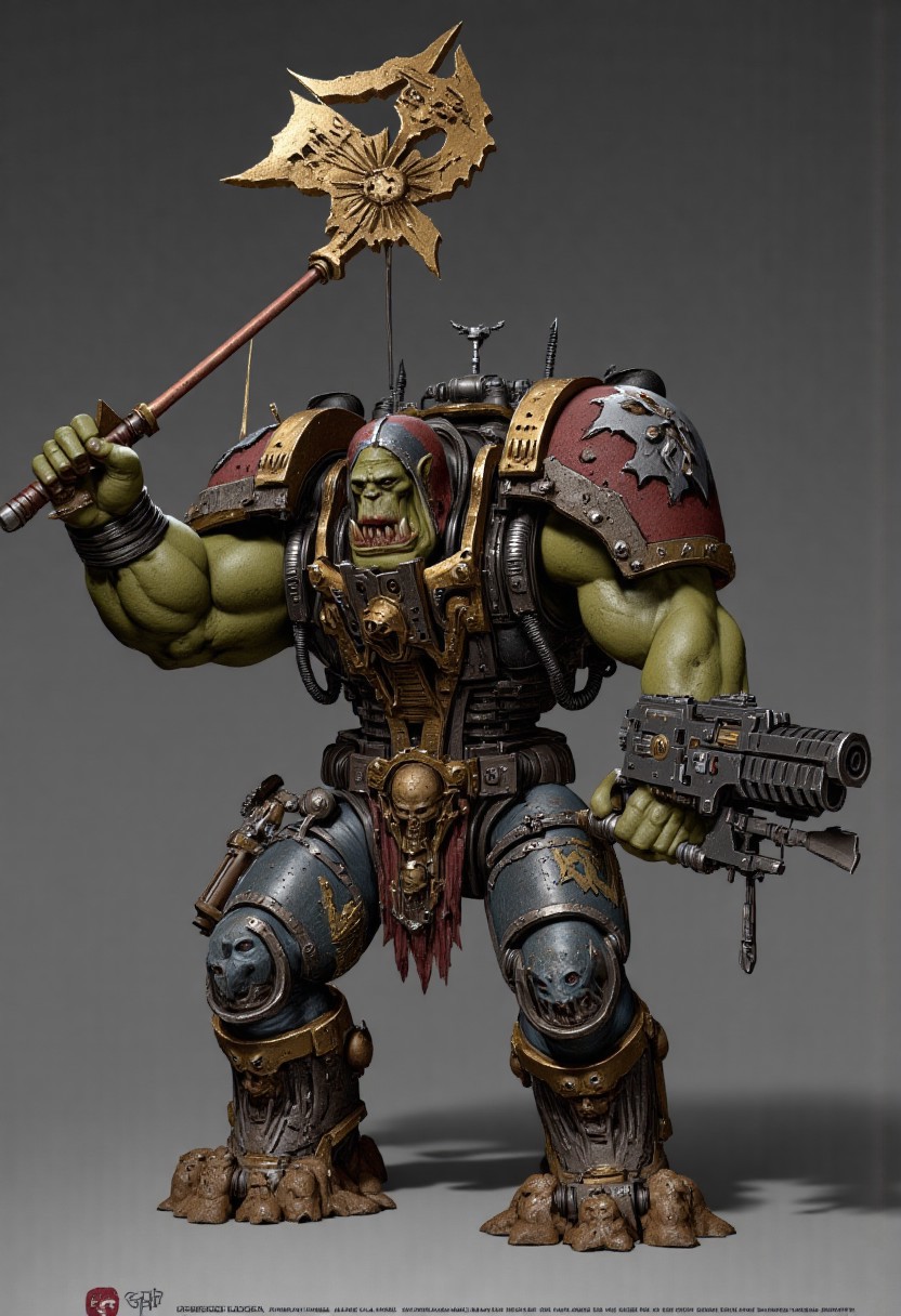 Score_9_up, absurdres, source: GamesWorkshop, grimdark, gothic horror, Warhammer 40000, a snarling ork is waving an axe in one hand and firing a machinegun in the other, lifelike, hyperrealism, perfect hands, perfect anatomy, project unreal engine