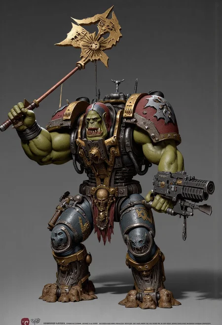 Score_9_up, absurdres, source: GamesWorkshop, grimdark, gothic horror, Warhammer 40000, a snarling ork is waving an axe in one hand and firing a machinegun in the other, lifelike, hyperrealism, perfect hands, perfect anatomy, project unreal engine