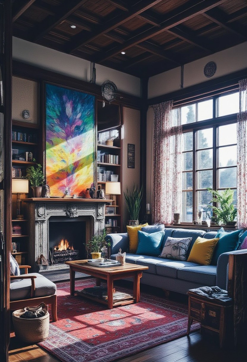 Create a detailed vector illustration of a Japanese living room interior, imbued with a vibrant and dynamic rainbow morph color scheme. The overall aesthetic should lean towards fractal geometry, incorporating intricate, repeating patterns and shapes that add a layer of visual complexity and depth. The room should be fully furnished with traditional Japanese furniture and decor, reflecting a sense of tranquility and minimalism.  The lighting and composition should evoke the feeling of a still from a Japanese urban film, capturing a fleeting moment of everyday life with a touch of cinematic realism.  Pay close attention to the details of the textures, materials, and the interplay of light and shadow, ensuring the final image is rich, immersive, and visually captivating.