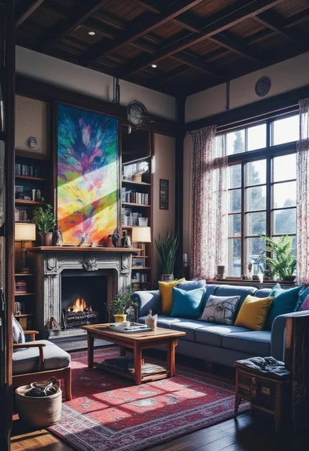 Create a detailed vector illustration of a Japanese living room interior, imbued with a vibrant and dynamic rainbow morph color scheme. The overall aesthetic should lean towards fractal geometry, incorporating intricate, repeating patterns and shapes that add a layer of visual complexity and depth. The room should be fully furnished with traditional Japanese furniture and decor, reflecting a sense of tranquility and minimalism. The lighting and composition should evoke the feeling of a still from a Japanese urban film, capturing a fleeting moment of everyday life with a touch of cinematic realism. Pay close attention to the details of the textures, materials, and the interplay of light and shadow, ensuring the final image is rich, immersive, and visually captivating.