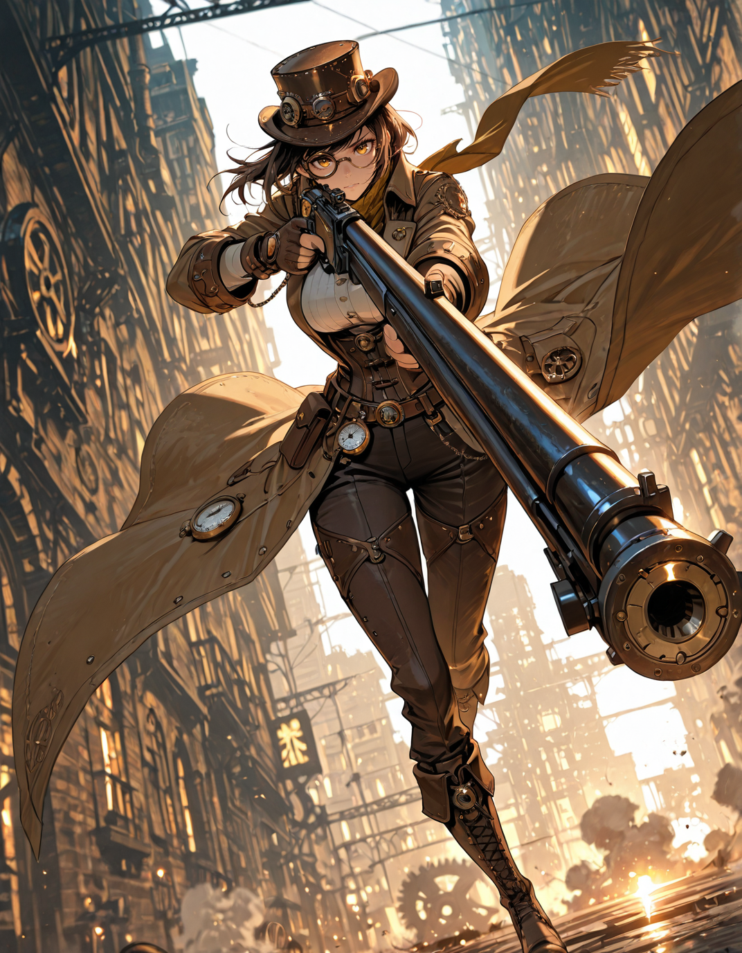 masterpiece, best quality,high quality, newest, highres,8K,HDR,absurdres, 1girl, solo, steampunk aesthetic, mechanical monocle, long trench coat, leather gloves, brass accessories, intricate clockwork rifle, aiming at viewer, wind-blown scarf, high boots, fingerless gloves, pocket watch, corset, brown and gold color scheme, industrial cityscape, smoke and gears, atmospheric lighting, depth of field, dynamic pose, dramatic composition, detailed background, foreshortening, detailed background, dynamic pose, dynamic composition,dutch angle, detailed backgroud,foreshortening,blurry edges <lora:iLLMythAn1m3Style:1> MythAn1m3