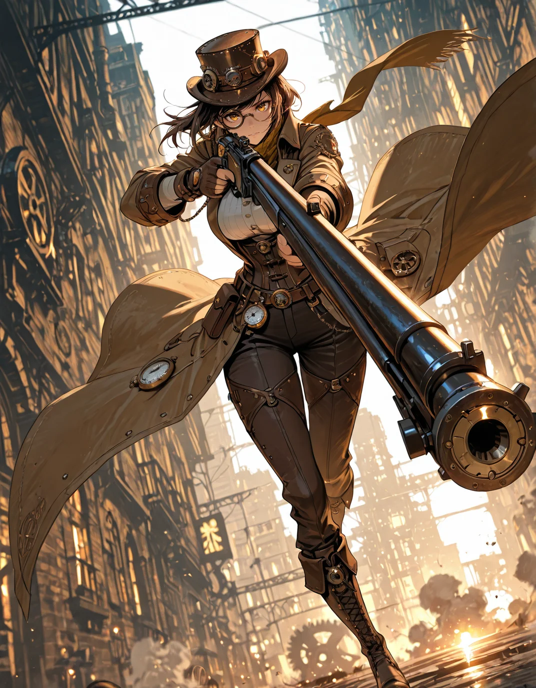 masterpiece, best quality,high quality, newest, highres,8K,HDR,absurdres, 1girl, solo, steampunk aesthetic, mechanical monocle, long trench coat, leather gloves, brass accessories, intricate clockwork rifle, aiming at viewer, wind-blown scarf, high boots, fingerless gloves, pocket watch, corset, brown and gold color scheme, industrial cityscape, smoke and gears, atmospheric lighting, depth of field, dynamic pose, dramatic composition, detailed background, foreshortening, detailed background, dynamic pose, dynamic composition,dutch angle, detailed backgroud,foreshortening,blurry edges <lora:iLLMythAn1m3Style:1> MythAn1m3