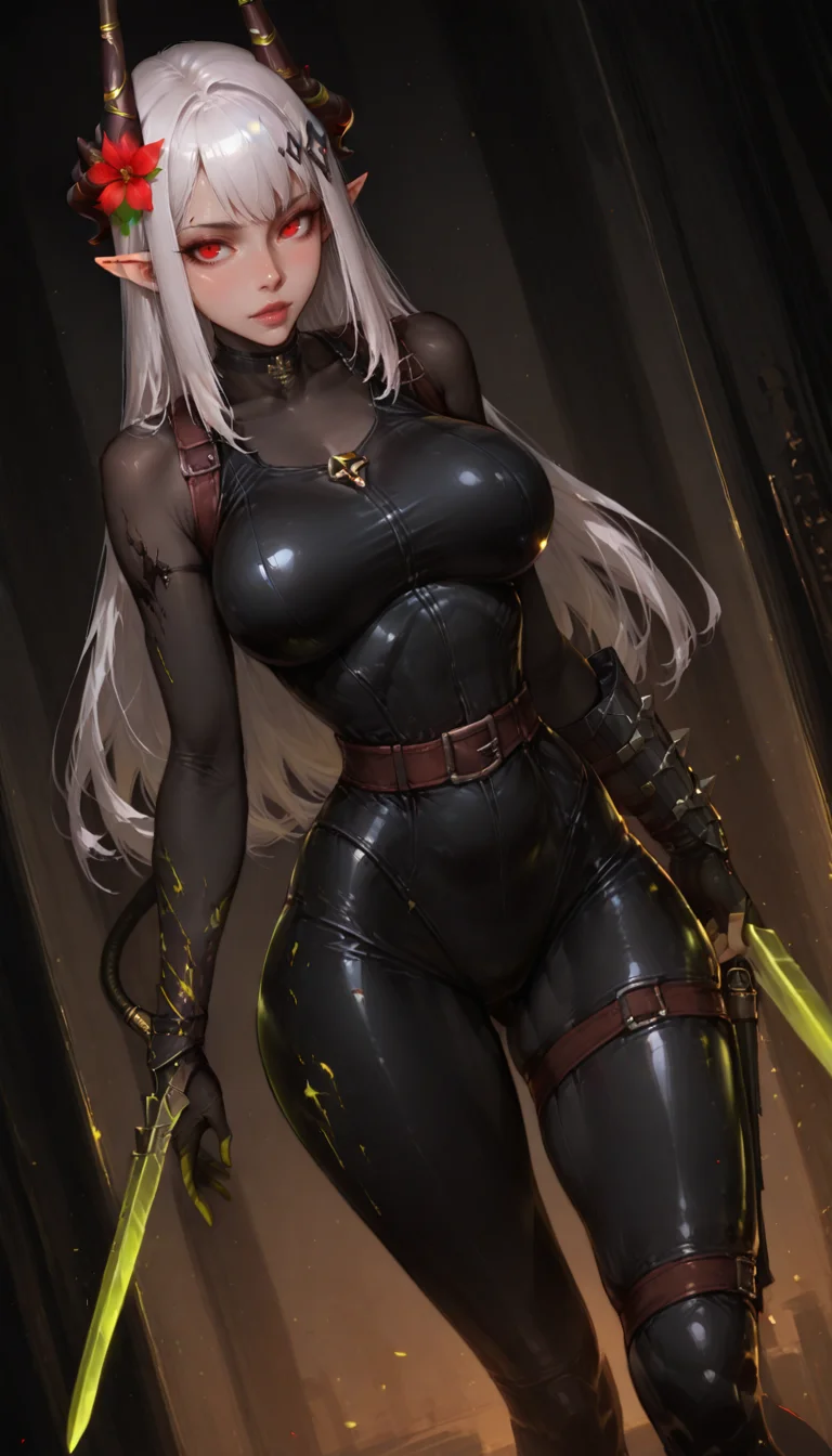 masterpiece, best quality, good quality, newest, highres, absurdres, volumetric lighting,gradient color, BREAK raytracing, volumetric lighting, ambient occlusion, , masterpiece, best quality, masterpiece,amazing quality,best quality,ultra-detailed,8K,illustration,CG,shiny hair,clear skin,ultra-detailed-eyes,background, eyelashes BREAK, (hypersexual, highly detailed features, sexualized:1.1), ,
<lora:arknights-mudrock-ponyxl-lora-nochekaiser:0.8> mudrock, hair flower, flower, red eyes, white hair, long hair, large breasts, pointy ears, hair ornament, horns, ,
<lora:Detailer_NoobAI_Incrs_v1:1> detailed, <lora:illustriousXL_stabilizer_v1.23 ill-helper:0.15>
<lora:Sakimichan_Illustrious:0.4> sk1m1ill, ,<lora:Incase_Style_r1:0.8>,<lora:MoriiMee_Gothic_Niji_Style_Illustrious_r1:0.4> artist:moriimee,
dutch angle,
Callidus assassin, black bodysuit, wrist blade, <lora:callidus_ill:1>
