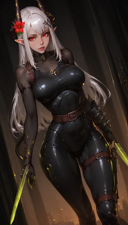 masterpiece, best quality, good quality, newest, highres, absurdres, volumetric lighting,gradient color, BREAK raytracing, volumetric lighting, ambient occlusion, , masterpiece, best quality,  masterpiece,amazing quality,best quality,ultra-detailed,8K,illustration,CG,shiny hair,clear skin,ultra-detailed-eyes,background, eyelashes BREAK, (hypersexual,  highly detailed features, sexualized:1.1), ,
<lora:arknights-mudrock-ponyxl-lora-nochekaiser:0.8> mudrock, hair flower, flower, red eyes, white hair, long hair, large breasts, pointy ears, hair ornament, horns, ,
<lora:Detailer_NoobAI_Incrs_v1:1> detailed, <lora:illustriousXL_stabilizer_v1.23 ill-helper:0.15>
<lora:Sakimichan_Illustrious:0.4> sk1m1ill, ,<lora:Incase_Style_r1:0.8>,<lora:MoriiMee_Gothic_Niji_Style_Illustrious_r1:0.4> artist:moriimee,
dutch angle, 
Callidus assassin, black bodysuit, wrist blade, <lora:callidus_ill:1>