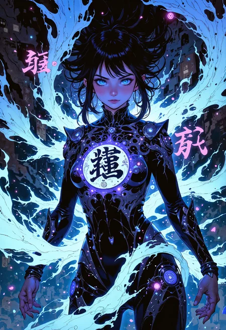 (in Otomo Katsuhiro style:1.2), masterpiece, high-quality, A futuristic calligrapher suspended in midair, ink flowing from her hands to form glowing symbols that shape-shift around her, Her attire resembles flowing neon-infused calligraphy strokes, her gaze is intensely focused as each character takes on a life of its own pulsing with a mystical energy, living ink, neon calligraphy, suspended energy, Stylized anime with luminous ink effects and surreal composition, (elaborate fine details:1.1), (hyperdetailed:1.1), (intricate details:1.0), (Refined details:1.1), (best quality:1.1), (high resolution:1.2), <lora:FLUX\Anime v1.3:0.6> <lora:FLUX\VividlyReal:0.6> <lora:FLUX\FLUX-daubrez-DB4RZ:0.4>