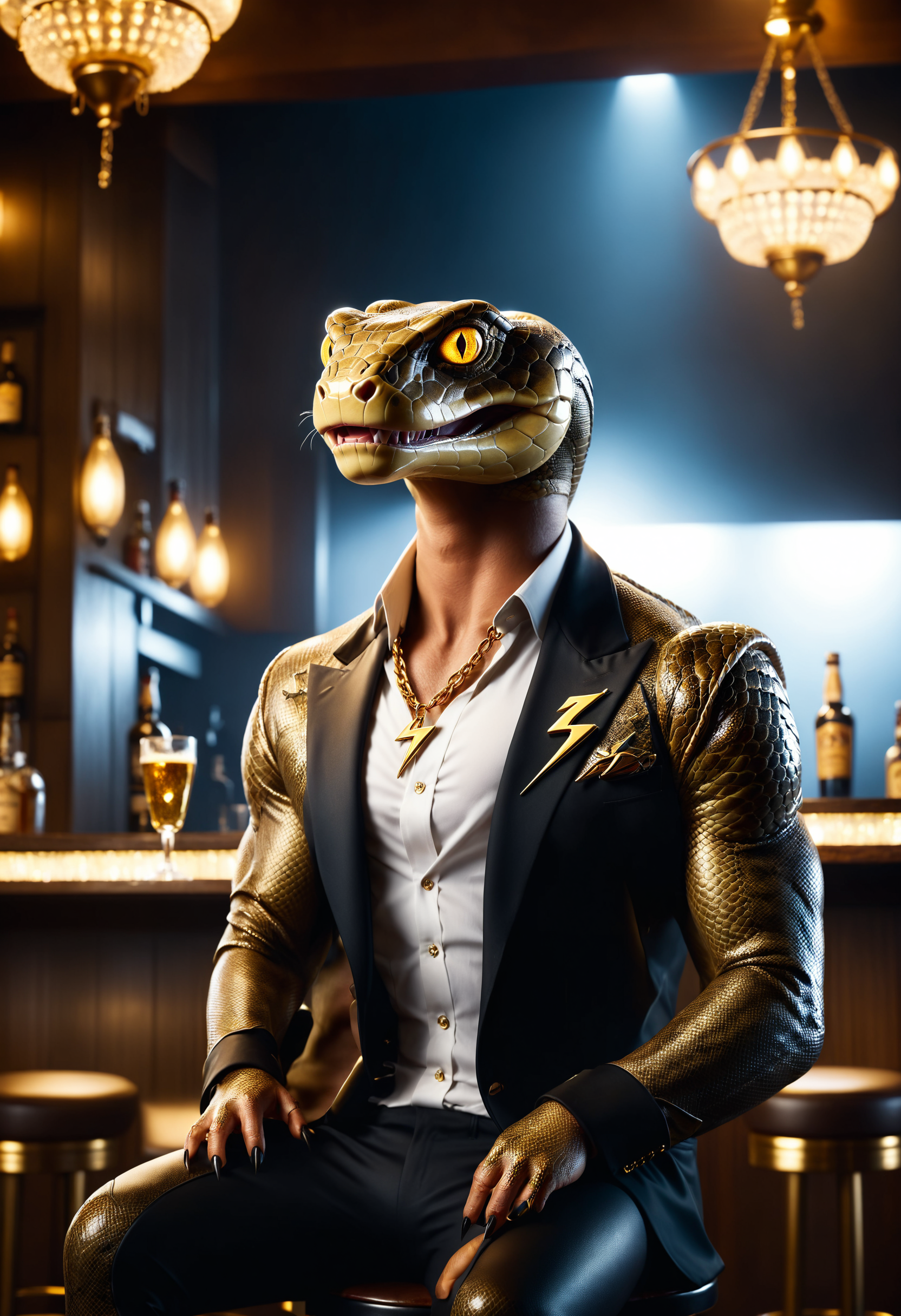 cinematic film still anthro snake, tongue out, gold chain, glowing eyes, sitting on a bar stool  <lora:dvr-bzz:0.8> dvr-bzz . shallow depth of field, vignette, highly detailed, high budget Hollywood movie, bokeh, cinemascope, moody, epic, gorgeous, film grain, grainy